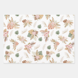 パンパスグラス&フラワーオンホワイト ラッピングペーパーシート
