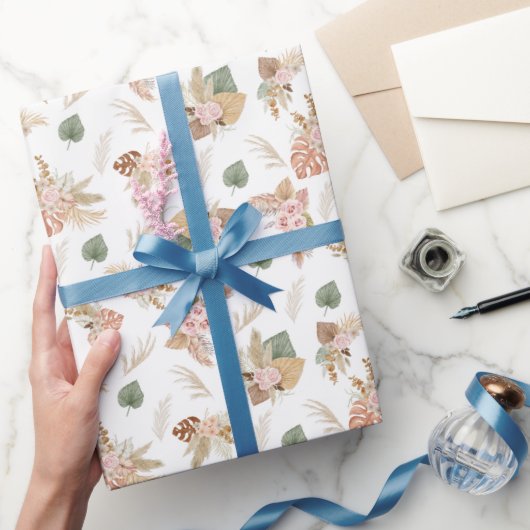 パンパスグラス&フラワーオンホワイト ラッピングペーパー (ギフト)