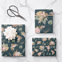 パンパスグラス&フラワーズオンダークティール（緑がかった色） ラッピングペーパーシート