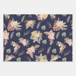 パンパスグラス&フラワーズオンネイビーブルー ラッピングペーパーシート