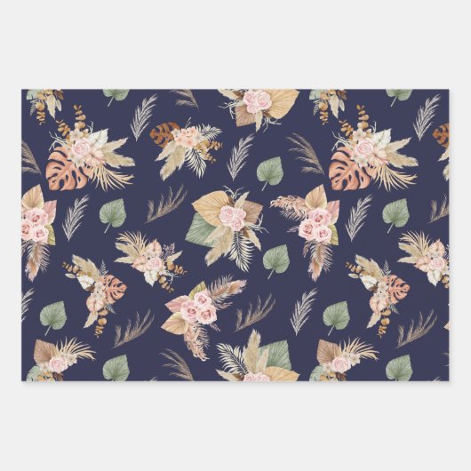 パンパスグラス&フラワーズオンネイビーブルー ラッピングペーパーシート (正面2)