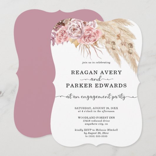 パンパスグラス フローラル ローズとパープル 婚約 招待状 (正面/裏面)