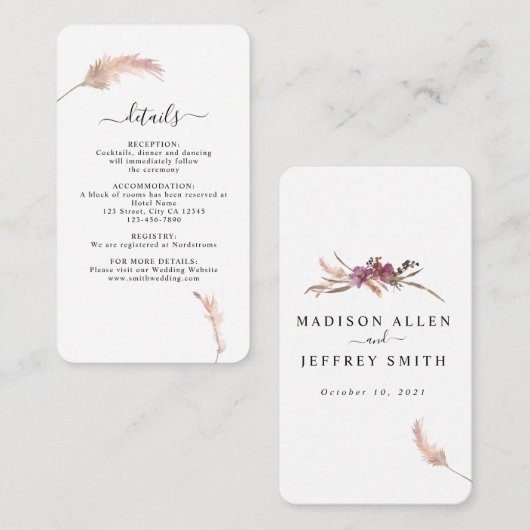 パンパスグラス ボヘミアンスタイルのウェディング 詳細カード エンクロージャーカード (正面/裏面)