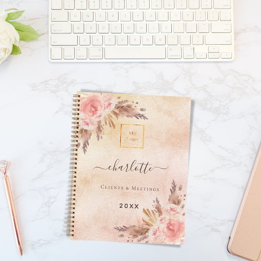 パンパスグラス ローズゴールド フラワーズ ビジネス ロゴ QR ノートブック