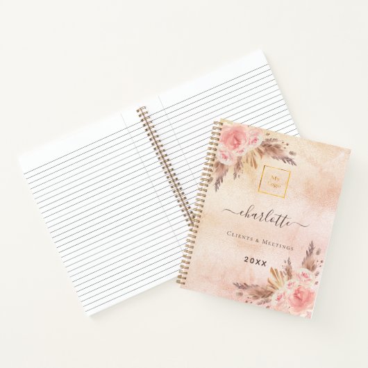 パンパスグラス ローズゴールド フラワーズ ビジネス ロゴ QR ノートブック (内部)