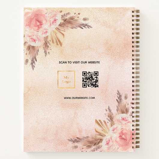 パンパスグラス ローズゴールド フラワーズ ビジネス ロゴ QR ノートブック (裏面)