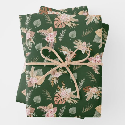 パンパスグラス&花オンダークグリーン ラッピングペーパーシート (インサイチュ)