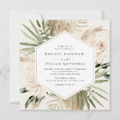 パンパスグリーンのベージュの水彩花のウェディング 招待状 (正面)
