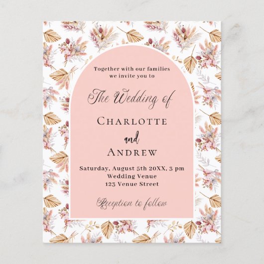 パンパスフラワーズバラ金ゴールド予算結婚式招待状 (正面)