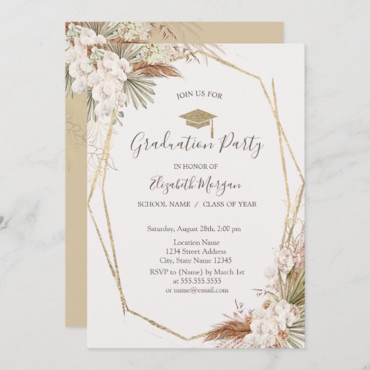 パンパスフラワーズ，グラッドキャップ，卒業 招待状 (正面/裏面)