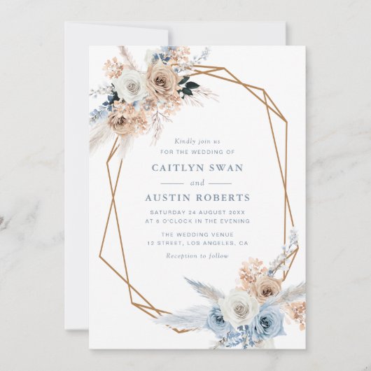 パンパスボホほこりっぽい青結婚幾何 招待状 (正面)