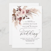 パンパスボホフローラウォーターカラーブラウンベージュ結婚ズ 招待状 (正面/裏面)
