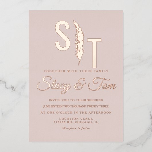 パンパスロ結婚ゴの押された赤面 箔招待状 (正面)