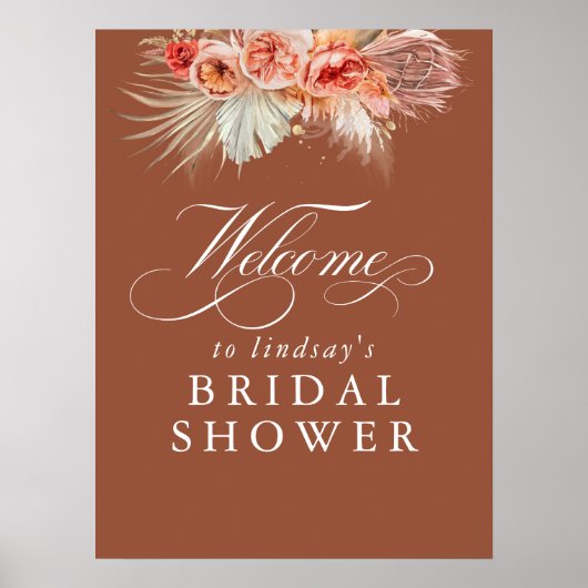 パンパス草とサビたテラコッタの花のウェルカムサイン ポスター (正面)