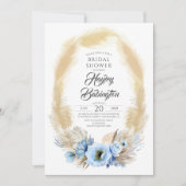 パンパス草とダスティーブルーの花のブライダルシャワー 招待状 (正面)