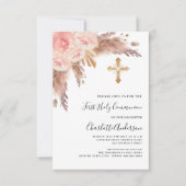 パンパス草とバラのブッシュのクロス ファースト ホーリー コミュニオン 招待状 (正面)