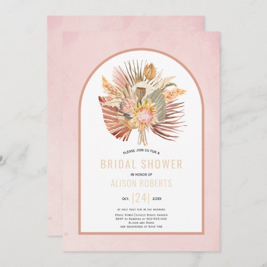 パンパス草とパームのソフトピンクの結婚前祝賀会 招待状 (正面/裏面)