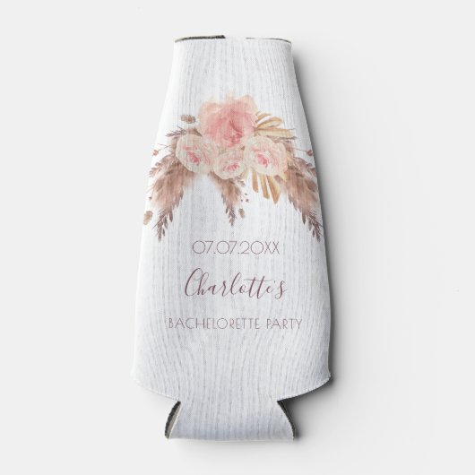 パンパス草とピンクの花のボヘミアンバチェラーパーティー ボトルクーラー (正面)