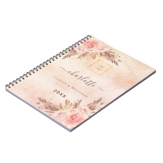 パンパス草とローズゴールドの花のビジネスロゴ ノートブック (左側)