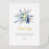 パンパス草のダスティーブルーの花のクロス感謝カード 箔招待状 (正面)