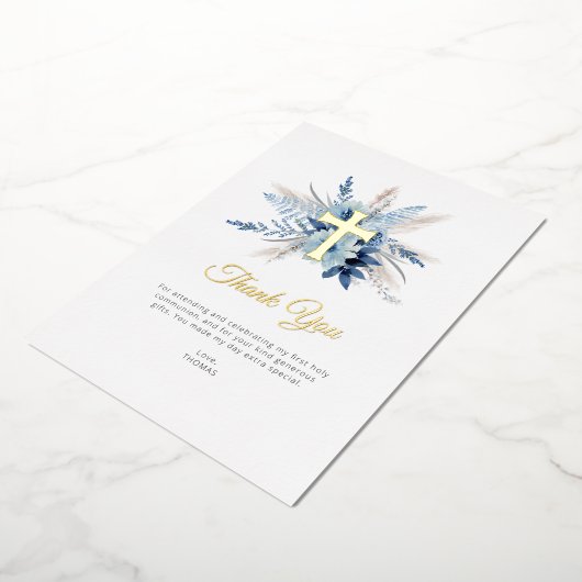 パンパス草のダスティーブルーの花のクロス感謝カード 箔招待状 (回転した状態)