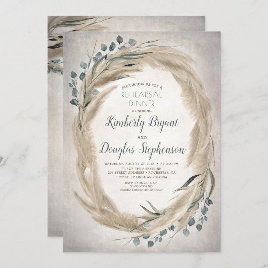 パンパス グラスとグリーン ボヘミア リハーサル ディナー 招待状 (正面/裏面)