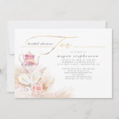 パンパス グラスとピンクのティーポット ブライダル シャワー ティー 招待状 (正面)