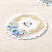 パンパス グラス ダスティー ブルー フローラル リース ボヘミアンスタイルのサマー ペーパーコースター (アングル)