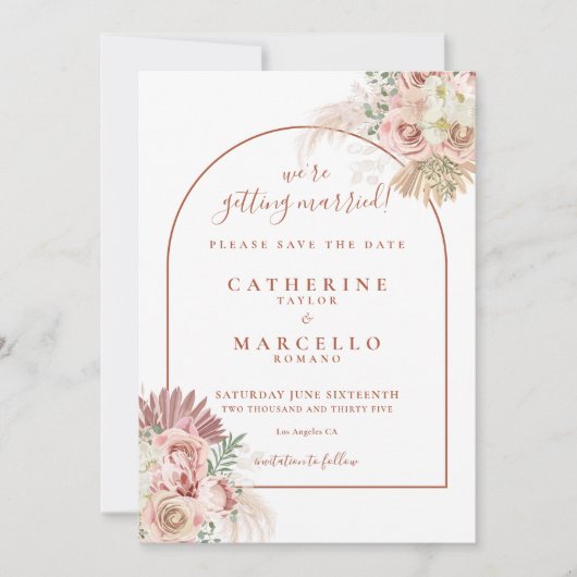 パンパス グラス テラコッタ アーチ ボヘミアンスタイルのウェディング セーブザデート (正面)