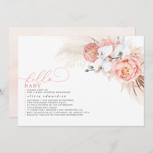 パンパス グラス ピンク ハロー ベイビー ガール シャワー 招待状 (正面/裏面)