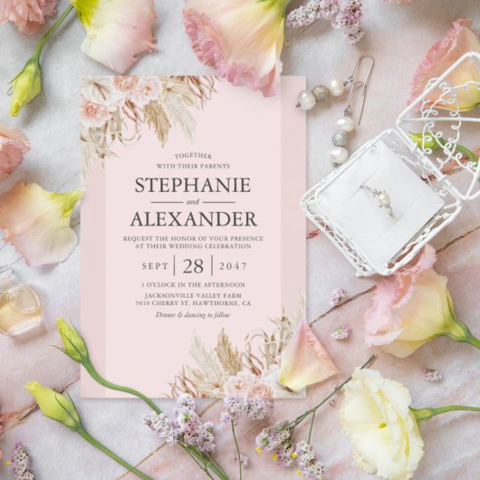 パンパス グラス ピンク フラワーのウェディング 招待状