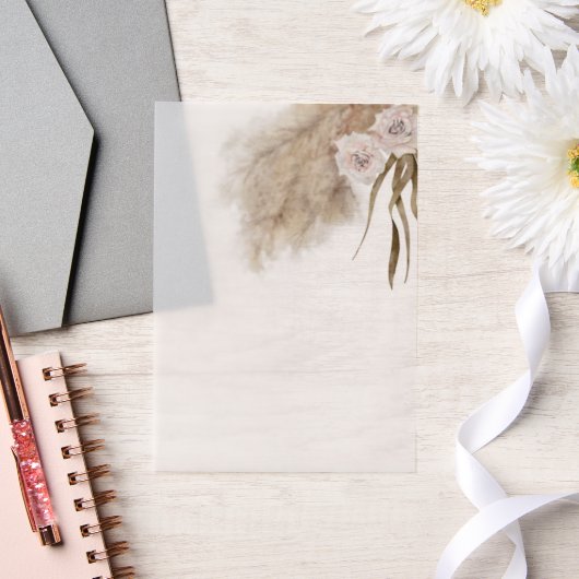 パンパス グラス ピンク フラワーの水彩画 ベラム紙招待状 (ウェディング)