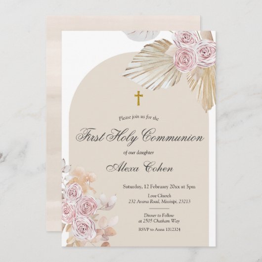 パンパス・グラス・ファースト・ホリー・コミュニオン 招待状 (正面/裏面)