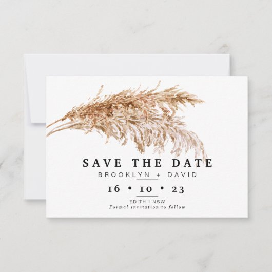 パンパス グラス ボヘミアンスタイルの結婚式 Save The Date カード (正面)
