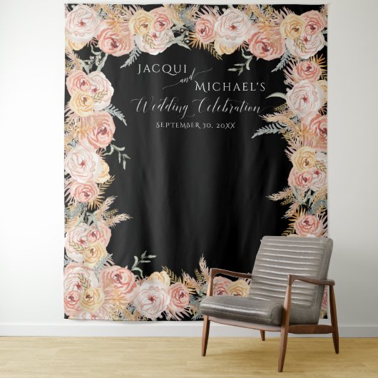 パンパス グラス ボーホー フローラル ブラッシュ ピンク ローズ ウェディング タペストリー (インサイチュ)