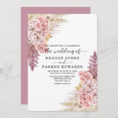 パンパス グラス ローズとパープル ウェディング 招待状 (正面/裏面)