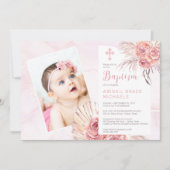 パンパス グラス | ローズ ブルーム ガール ベイビー フォト 洗礼 招待状 (正面)