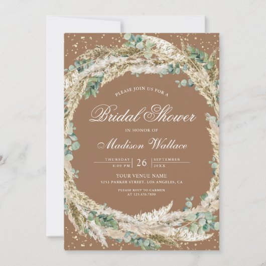 パンパス ユーカリ リース ベージュ タン ブライダル シャワー 招待状 (正面)