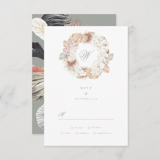 パンパリースモスセージグリーンモノグラムエレガント 出欠カード (正面/裏面)