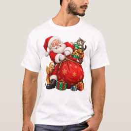 パンパンのギフトサックを閉じようと奮闘するサンタクロース Tシャツ
