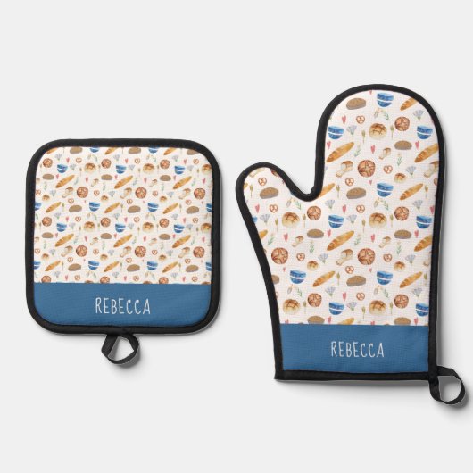 パンパーソナライズされたとベーカリーの水の色パターン 鍋つかみ&鍋敷きセット (正面)