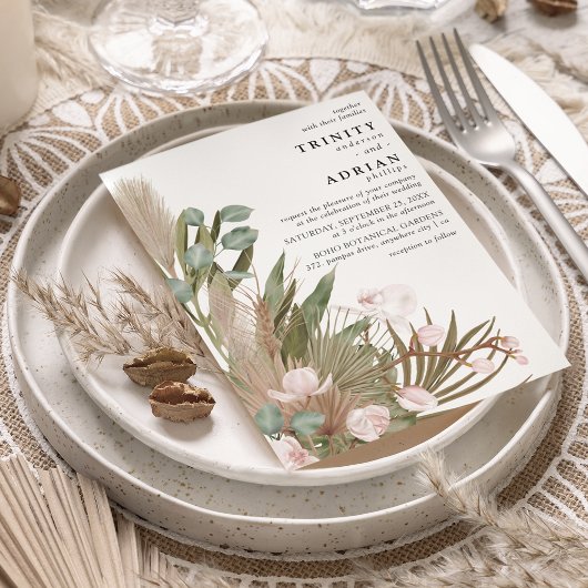 パンパ葉スの乾燥したBohoピンク結婚の蘭 招待状