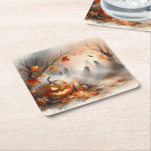 パンプキお洒落ンと幽霊のハロウィーンのシーン スクエアペーパーコースター (アングル)