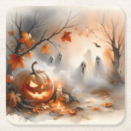 パンプキお洒落ンと幽霊のハロウィーンのシーン スクエアペーパーコースター