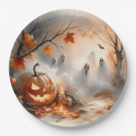 パンプキお洒落ンと幽霊のハロウィーンのシーン ペーパープレート