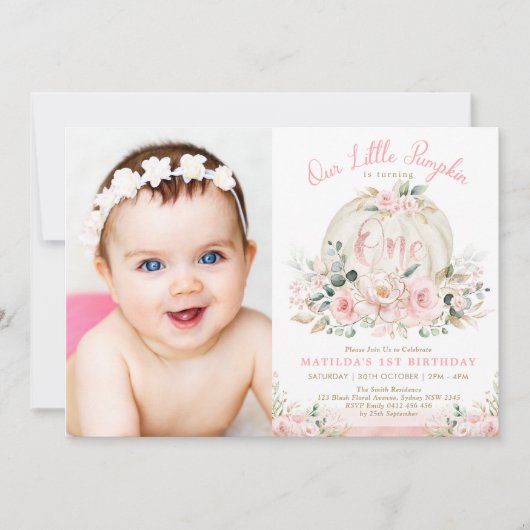 パンプキかわいらしン赤面バラ金ゴールドフローラ1st誕生日 招待状 (正面)