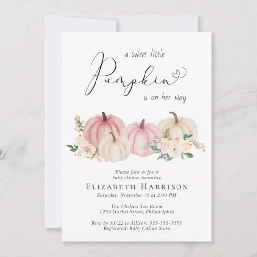 パンプキエレガントンフローラベビーガールシャワー 招待状 (正面)