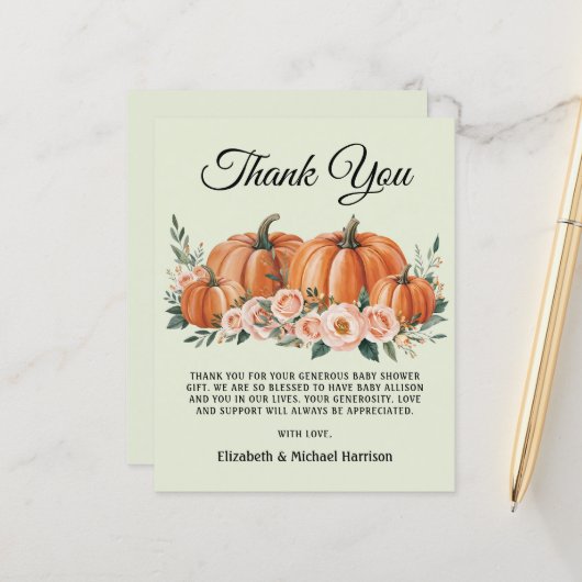 パンプキエレガントンフローラベビーシャワーサンキューカード (正面/裏面インサイチュ)