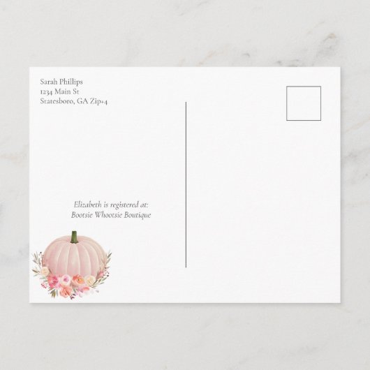 パンプキエレガントンベビーガールシャワーバラ金ゴールド 案内ポストカード (裏面)