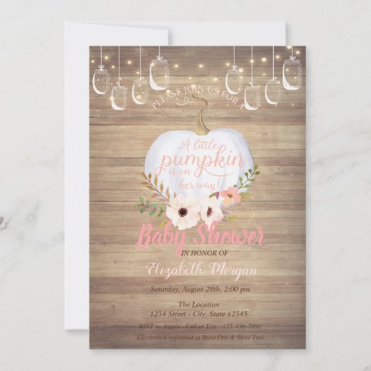 パンプキエレガントン、フローラ、木の質感ベビーシャワー 招待状 (正面)